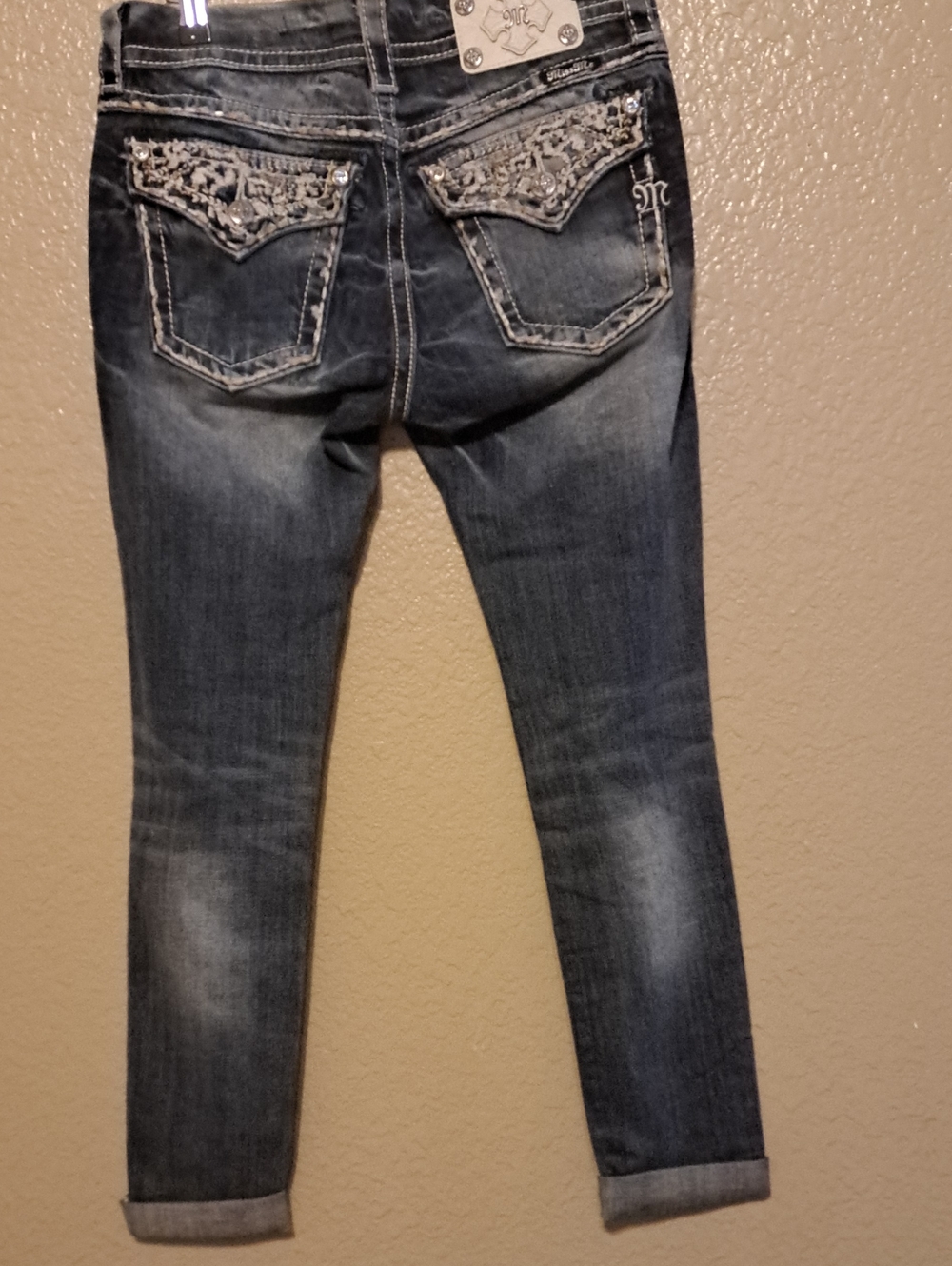 Miss Me Size 27 Signiture Skinn Distressed Dark Blue Embroidered Jeans - Picture 8 of 14